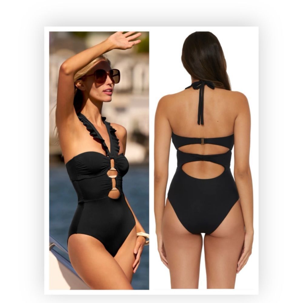 Black Ruffle Halter One-Piece Swimsuit
